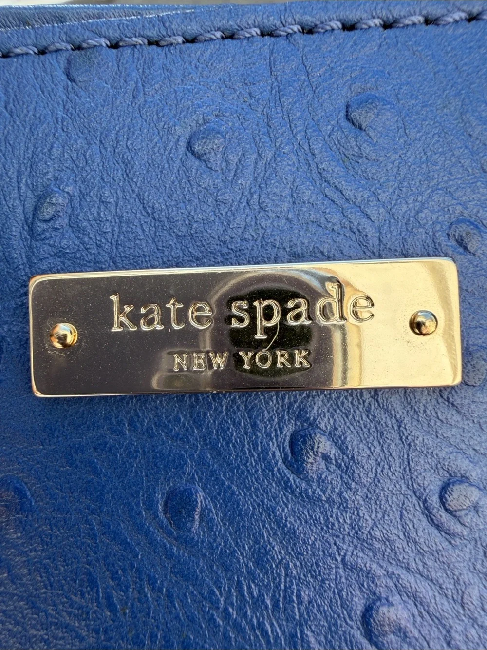 kate spade Royal Blue Ostrich-Embossed Satchel with Gold Hardware